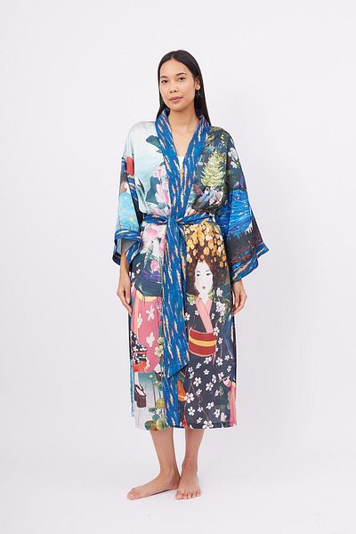 Peraluna Magic Moments Satin Women's Long Kimono - Printed and Multicolored