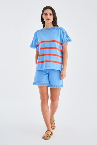 Peraluna Hannah Blouse și pantaloni scurți - Set de pantaloni scurți de vară din bumbac pentru femei, albastru/portocaliu/auriu