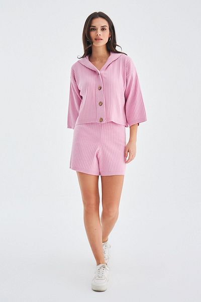 Peraluna Candy Pink Women's Knitwear Cardigan and Shorts Set - 100% Cotton