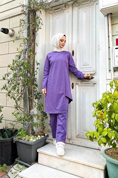 Bwest Kruvaze Bisiklet Yaka Sade Basic Tunik Panolon ikili takım - 03076.207 - Koyu Lila