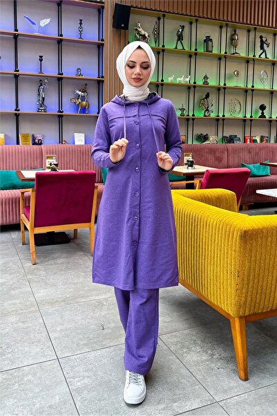 Genel Markalar Kapşonlu Düğmeli Sade Basic Uzun Tunik ve Pantolon İkili Spor Takım - 03072.207 - Koyu Lila