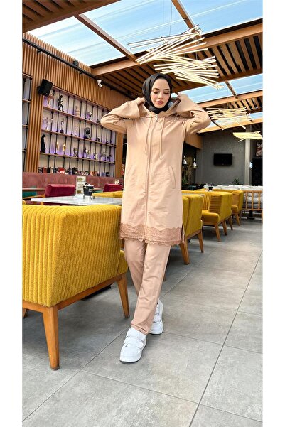 Bwest Zippered Hooded Lace Patterned Tunic Pants Double Sports Set - (38-46) - 71158 - Beige