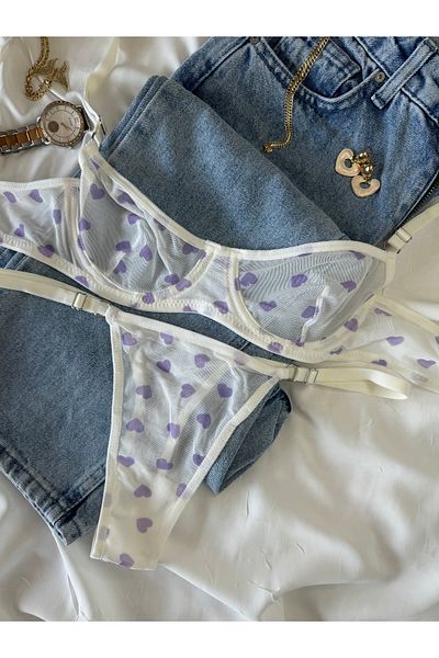ROZENİN LINGERIE Σετ σουτιέν από τούλι χωρίς καπάκι λιλά καρδιά (ΣΟΥΤΙΕΝ-ΤΑΝΓΚΟ)