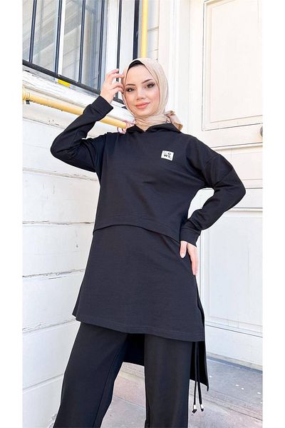 Bwest Cotton Hooded Slit Hijab Tracksuit Set - Lace Detailed - Black 71168.003
