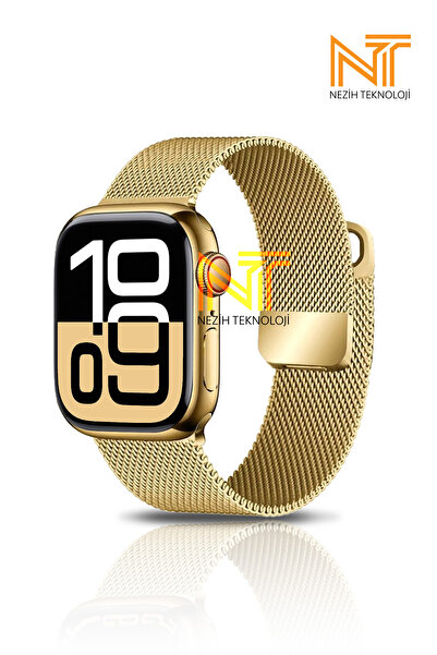 Nezih Case Apple Watch Seri 10 42mm Uyumlu Paslanmaz Hasır Örgü Metal Milano Kordon
