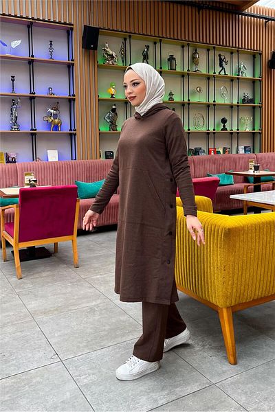 Bwest Hooded Yandat Snap Fastener Plain Basic Long Tunic and Trousers Double Sports Set - 03071.028 - Brown