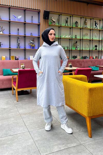 SEVDA Hooded Yandat Snap Fastener Plain Basic Long Tunic and Pants Double Sports Set - 03071.008 - Gray