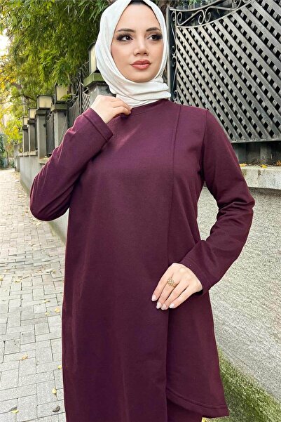 Bwest Double-Breasted Crew Neck Plain Basic Tunic and Pants Two-Piece Set - 03076.020 - Plum