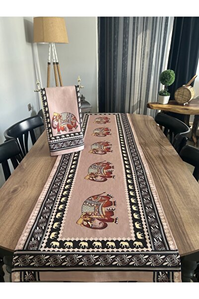 Lilies Atelier Avangart Model Fil Desenli Vizon Runner ve Mutfak Havlusu 2'li Set Takım