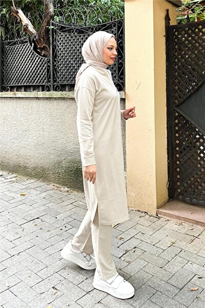 Bwest Crew Neck Zippered Long Tunic Plain Basic Sports Set - 03044.027 - Ecru