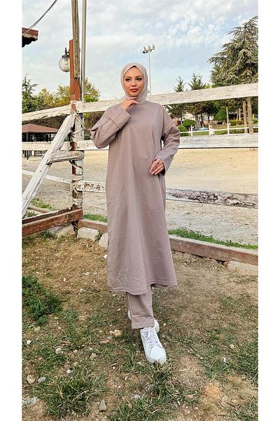 Bwest O Neck Slit Long Wide Comfortable Tunic Trousers Simple Basic Sports Set - 03040.016 - Mink