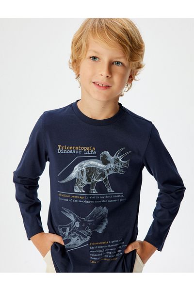 Koton Dinosaur Printed Cotton Long Sleeve T-Shirt - Crew Neck