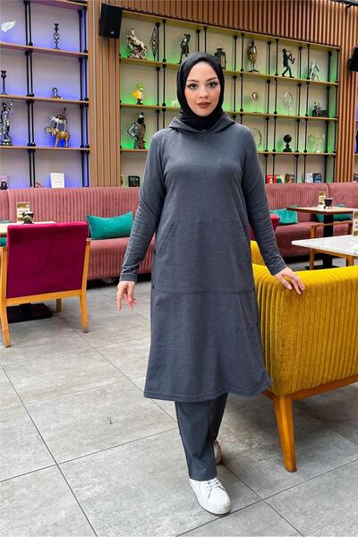 SEVDA Hooded Yandat Snap Fastener Plain Basic Long Tunic and Trousers Double Sports Set - 03071.017 - Anthracite