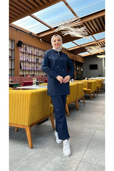 Bwest Hooded Snap Fastener Plain Basic Double Tracksuit Sports Set - 03036.015 - Navy Blue