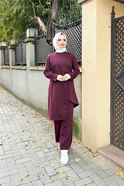 Bwest Double-Breasted Crew Neck Plain Basic Tunic and Pants Two-Piece Set - 03076.020 - Plum