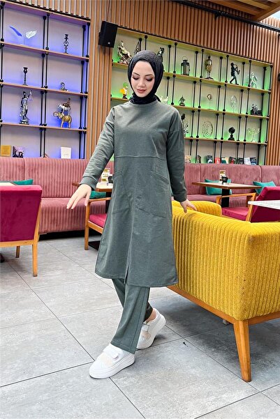 SEVDA Önden İki Cepli Sade Basic Uzun Tunik Pantolon İkili Spor Takımı - 03067.005 - Haki