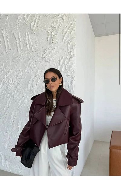 candybia Premium-Trend-Luxus-Bikerjacke aus bordeauxrotem Kunstleder für Damen