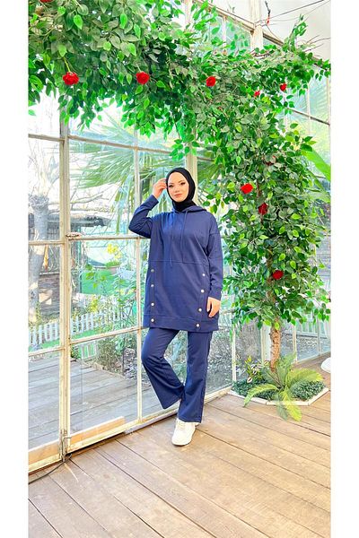 Bwest Hooded Snap Detailed Short Sweat Pants Double Hijab Tracksuit Set - 03079.015 - Navy Blue