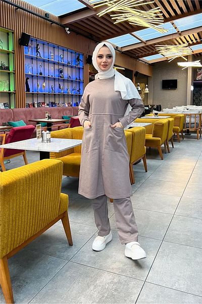 Bwest طقم سترة رياضية طويلة وبنطلون من Sade Basic Mink - جيبين أماميين - 03067.016