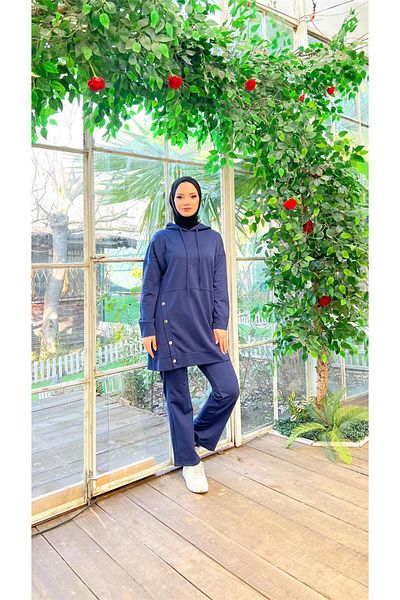 Bwest Hooded Snap Detailed Short Sweat Pants Double Hijab Tracksuit Set - 03079.015 - Navy Blue
