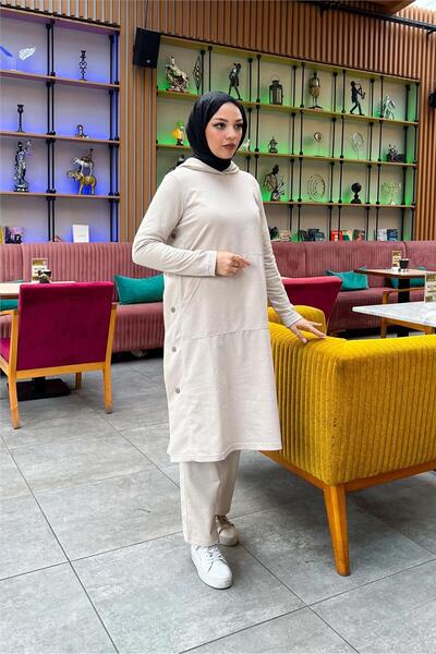 SEVDA Hooded Yandat Snap Fastener Plain Basic Long Tunic and Trousers Double Sports Set - 03071.027 - Ecru