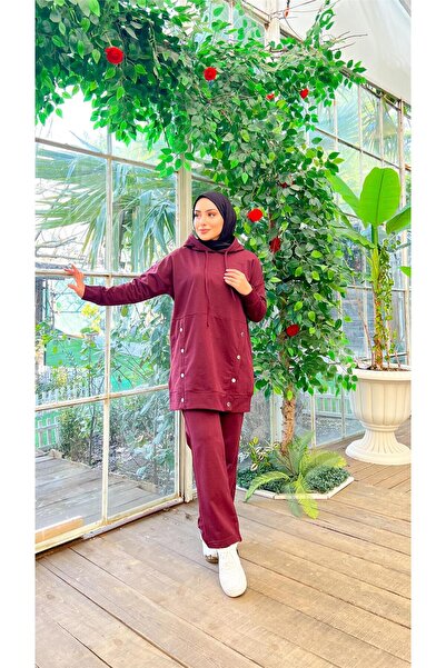 Bwest Kapşonlu Çıtçıt Detaylı Kısa Sweat Pantolon İkili Tesettür Eşofman Takımı - 03079.020 - Mürdüm