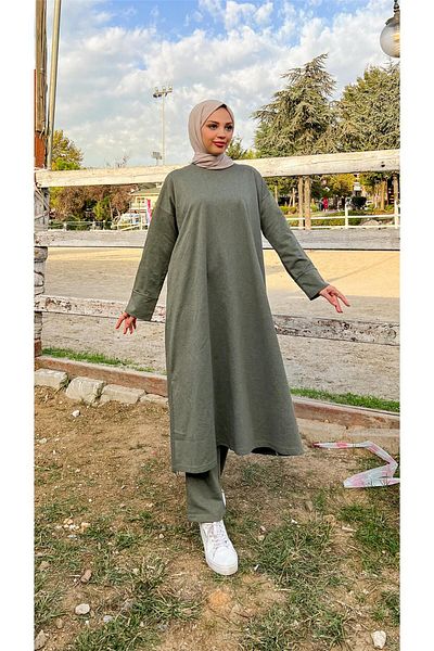 Bwest Khaki Colored O-Neck Slit Long Tunic and Trousers Sports Set - 03040.005