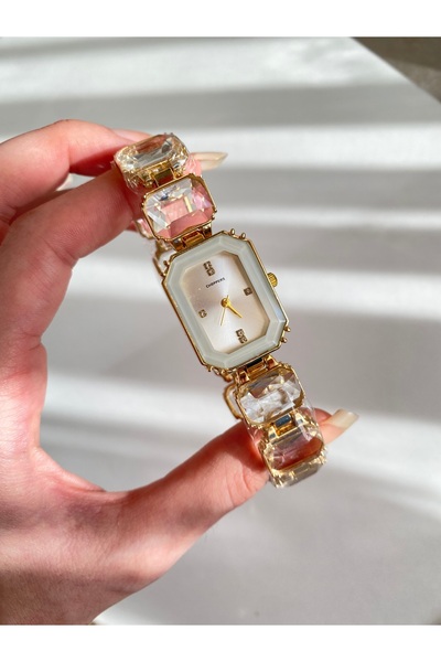 ROSESSO Beyaz Gold Taşlı Sekizgen Kadın Kol Saati