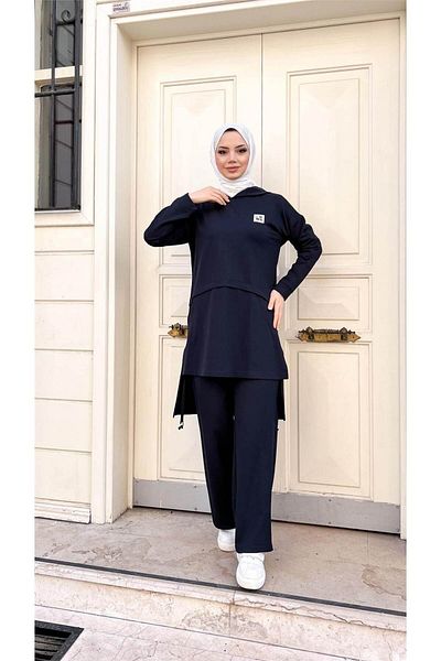 Bwest Hooded Slit Lace Detailed Cotton Hijab Tracksuit Set - 71168.015 - Navy Blue