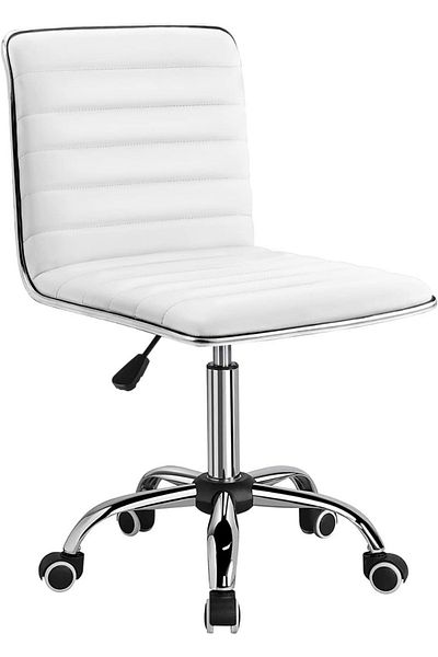 Mahmayi Sleek White Leather Swivel Office Chair - Adjustable Height, Armless, Retro Design