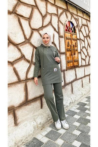 Bwest Hooded Snap Fastener Plain Basic Double Tracksuit Sports Set - 03036.005 - Khaki