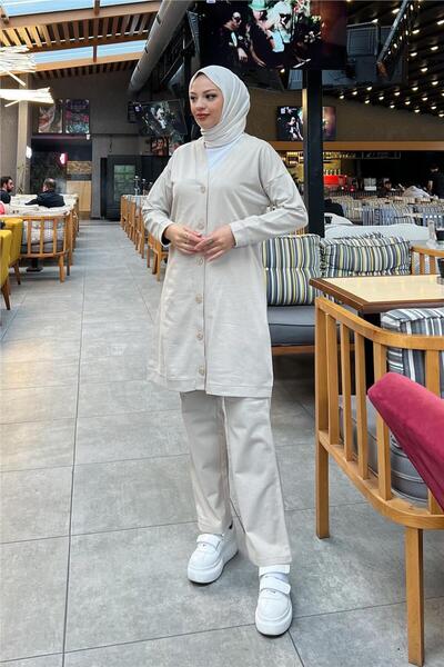 SEVDA Buttoned V-Neck Plain Basic Tracksuit Sports Double Suit - 03051.027 - Ecru