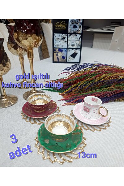 SEHARA 3 Adet Kahve Sunumluğu (FİNCAN ALTLIĞI) /13cm/gold/ışıltılı/simli/