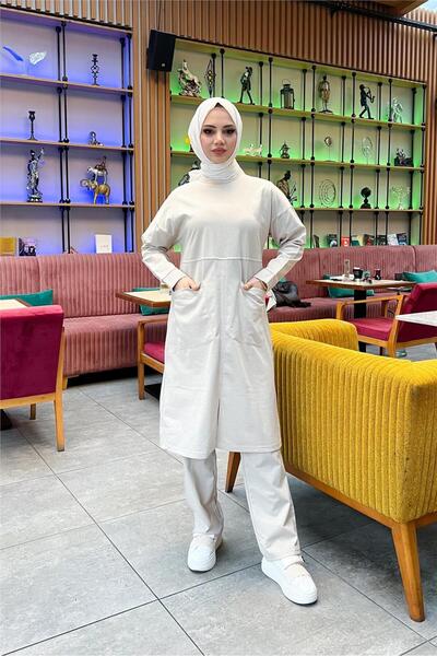 SEVDA Front Two Pockets Simple Basic Long Tunic Trousers Double Sports Set - 03067.027 - Ecru