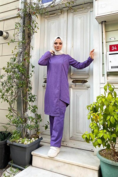 Bwest Kruvaze Bisiklet Yaka Sade Basic Tunik Panolon ikili takım - 03076.207 - Koyu Lila