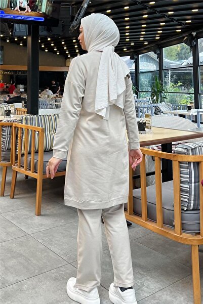 Bwest V-Neck Plain Tracksuit Sports Two-Piece Set - Button, Ecru - 03051.027