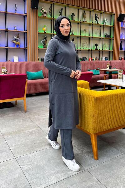 SEVDA Hooded Yandat Snap Fastener Plain Basic Long Tunic and Trousers Double Sports Set - 03071.017 - Anthracite