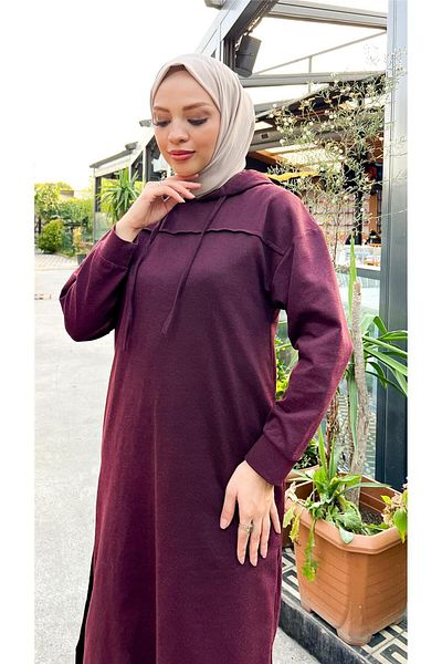 Bwest Long Tunic Hooded Side Slit Double Sports Set - 03034.020 - Plum
