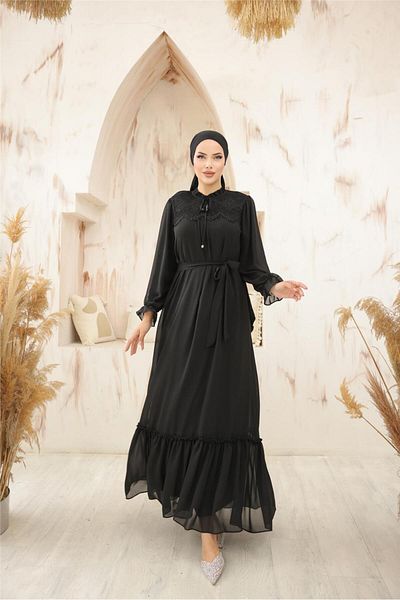 Bwest Long Chiffon Dress with Lace Detail on Waist and Neck Lace - 50019.003 - Black