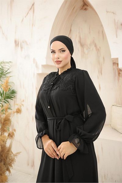 Bwest Long Chiffon Dress with Lace Detail on Waist and Neck Lace - 50019.003 - Black