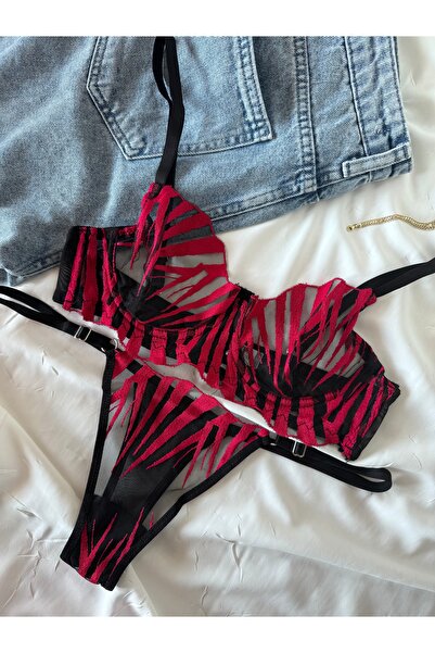 ROZENİN LINGERIE Christmas Gift Red Black Patterned Underwire Cupless Tulle Bra Set (Bra Tanga)
