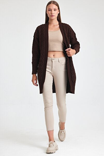 Chiccy Καφέ μακρυμάνικο ανοιχτόχρωμο πλεκτό μακρύ υπερμεγέθη ζακέτα 90 65