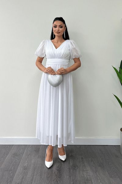 giyimmasalı Μίντι Φόρεμα από ύφασμα Lurex από τούλι με λεπτομέρεια - ΛΕΥΚΟ
