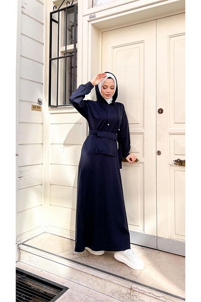 Bwest Hooded Mobile Pocket Cotton Dress - 71169.015 - Navy Blue