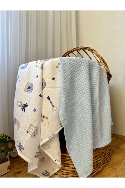 NuvioKids طقم مكون من 2 بطانية أطفال موسلين وبيكيه - 100% قطن عضوي، 100 سم * ...