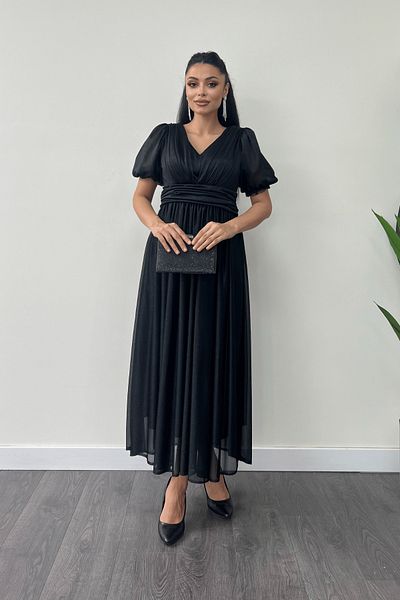 giyimmasalı Tulle Glitter Fabric Gather Detailed Midi Dress - Black