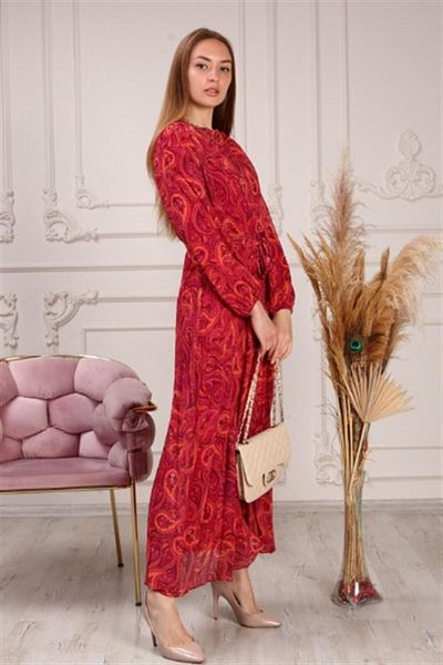 Bwest Fairy Patterned Long Chiffon Dress with Tie at the Waist - 07319.020 - Plum