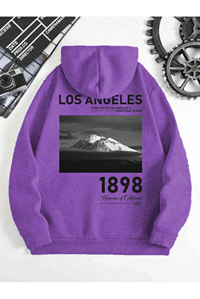 StartMore Hanorac oversize unisex cu trei fire, imprimat Los Angeles, mov