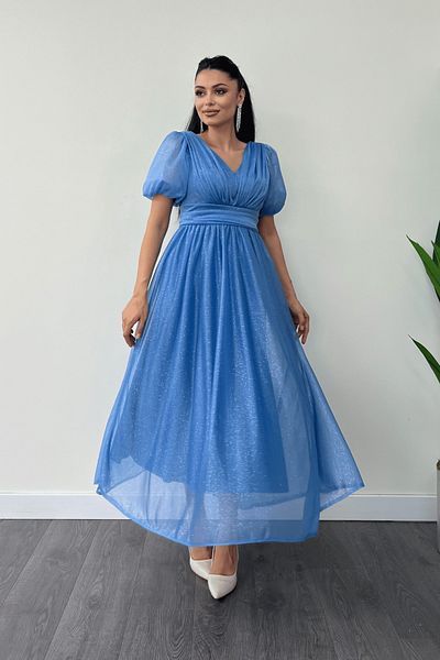 giyimmasalı Tulle Glitter Fabric Gather Detailed Midi Dress - Indigo