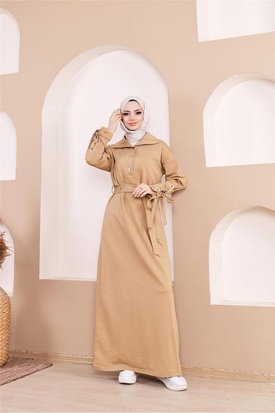 Bwest Waist Tied Long Dress with Snap Sleeve Stripe Detail - 71183.107 - Straw Yellow
